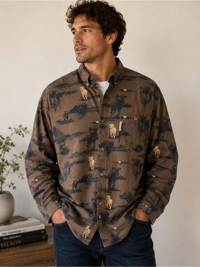 Columbia River Lodge Shirt Mens Dog Print Button Up Long Sleeve‎ Outdoor Size XL